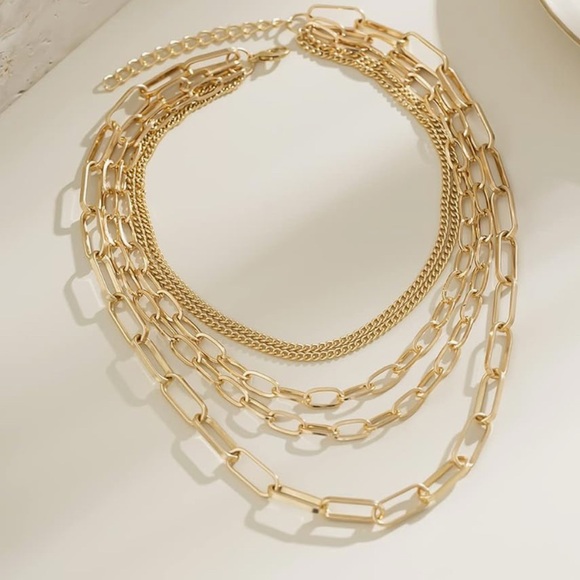 NEW! 14K Gold 5 Layered Paperclip Chains Choker Necklace Adjustable - Picture 6 of 15